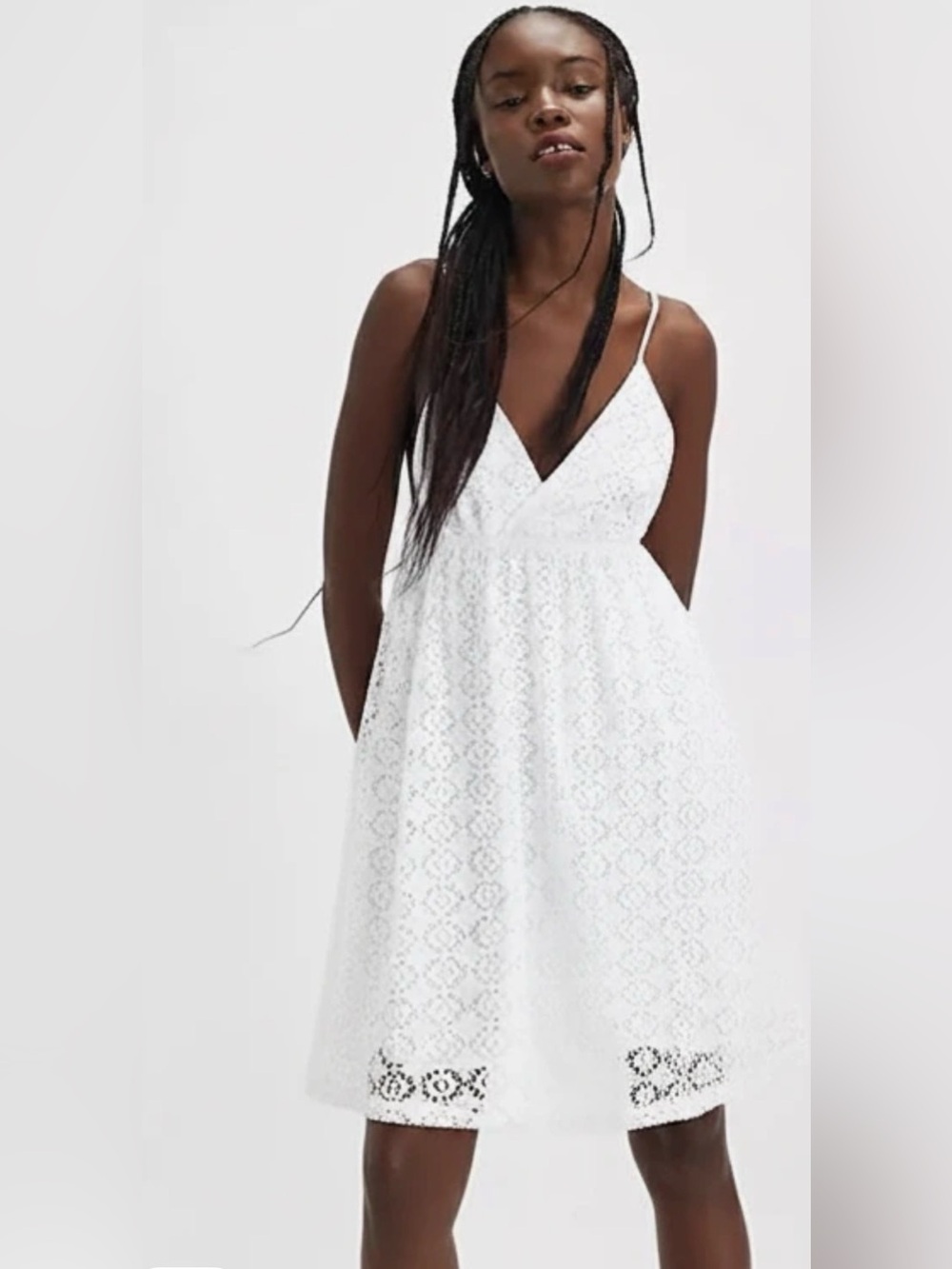 Express White Lace V-Neck Spaghetti Strap Mini Dress Size L